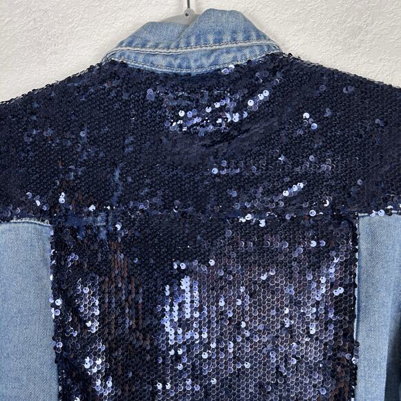 Bee & Ceci Size M Oversized Distressed Sequin Embroidered Jean Jacket - Picture 4 of 8